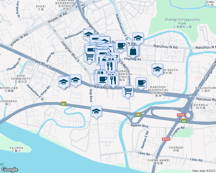map of restaurants, bars, coffee shops, grocery stores, and more near 53 Nan Zhou Lu in Guang Zhou Shi