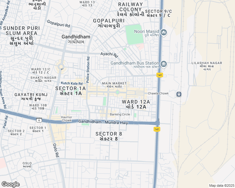 map of restaurants, bars, coffee shops, grocery stores, and more near Jhanda Chowk in Gandhidham