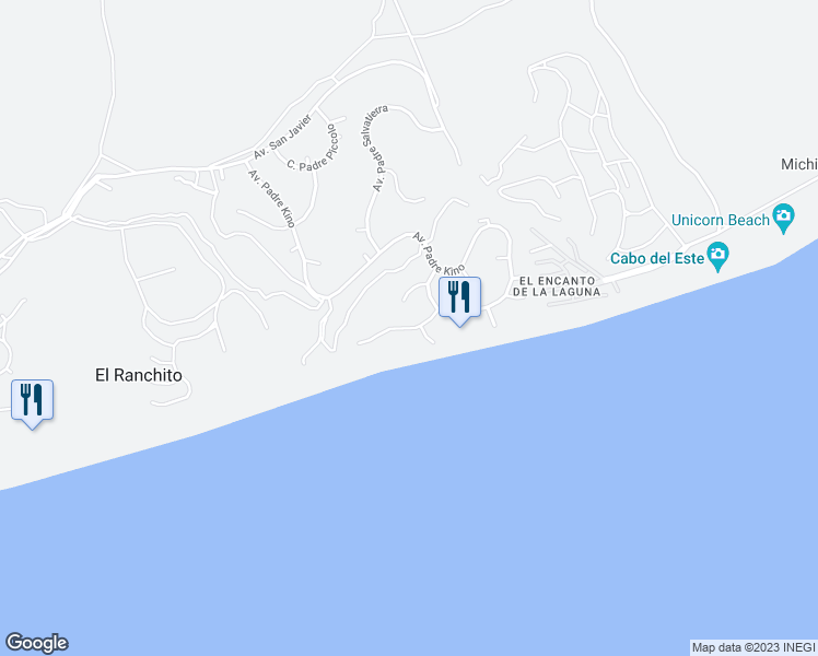 map of restaurants, bars, coffee shops, grocery stores, and more near Avenida Padre Guillen in Los Cabos