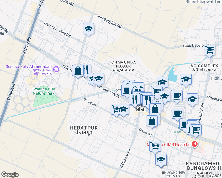 map of restaurants, bars, coffee shops, grocery stores, and more near Science City Road in Ahmedabad