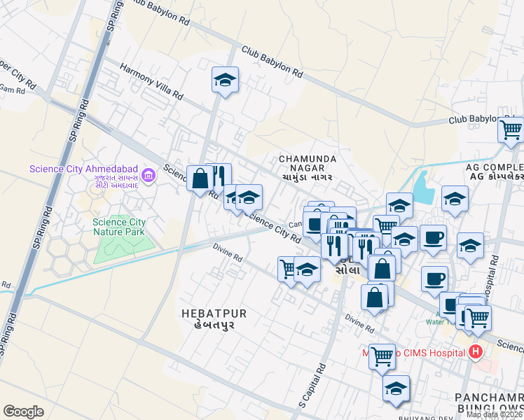 map of restaurants, bars, coffee shops, grocery stores, and more near Science City Road in Ahmedabad