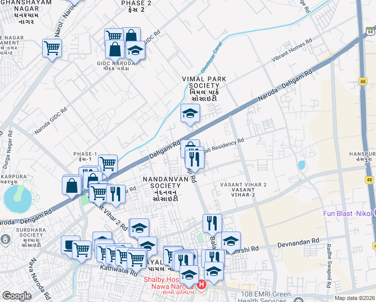 map of restaurants, bars, coffee shops, grocery stores, and more near Unnamed Road in Ahmedabad