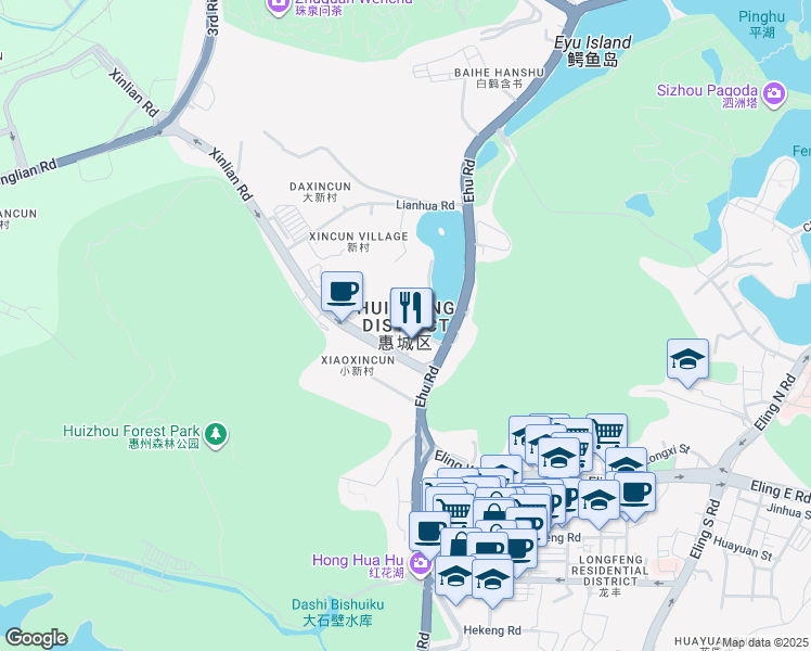 map of restaurants, bars, coffee shops, grocery stores, and more near in Huizhou