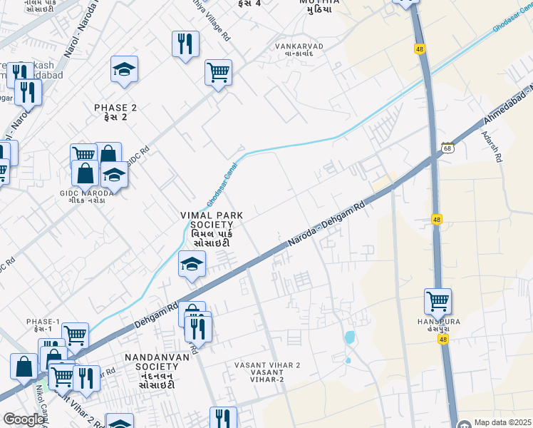 map of restaurants, bars, coffee shops, grocery stores, and more near Naroda - Dehgam Road in Ahmedabad