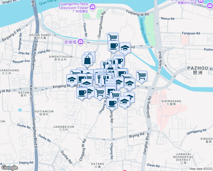 map of restaurants, bars, coffee shops, grocery stores, and more near Xin Gang Zhong Lu in Guang Zhou Shi