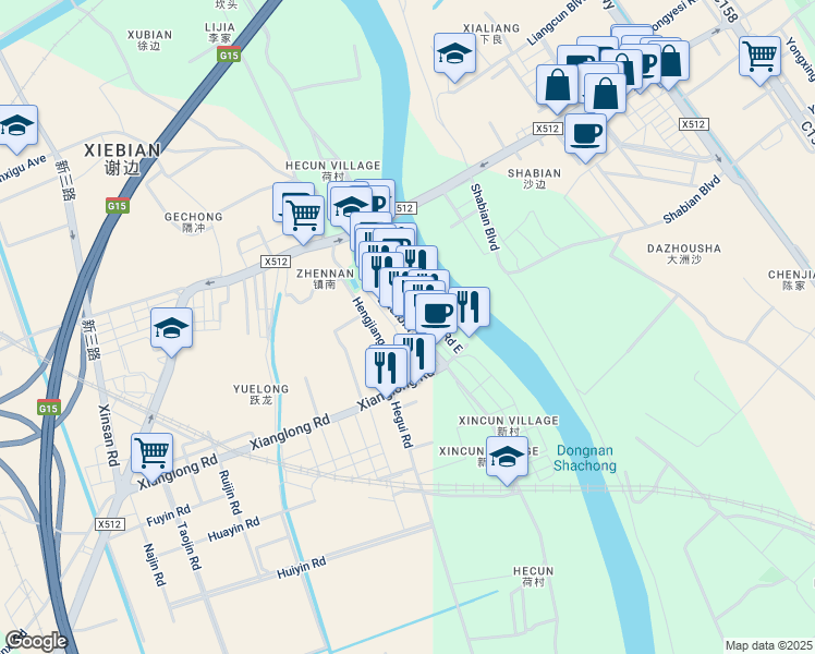 map of restaurants, bars, coffee shops, grocery stores, and more near Heng Jiang Hai Bin Lu in Fo Shan Shi