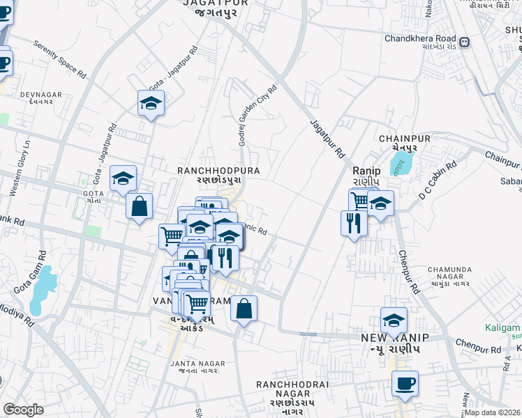 map of restaurants, bars, coffee shops, grocery stores, and more near Jagatpur Road in Ahmedabad