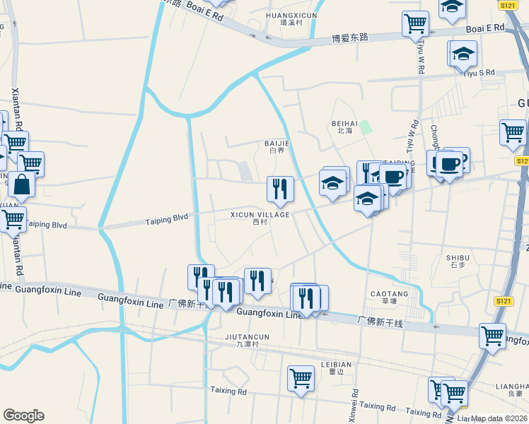map of restaurants, bars, coffee shops, grocery stores, and more near Tai Ping Da Dao in Fo Shan Shi