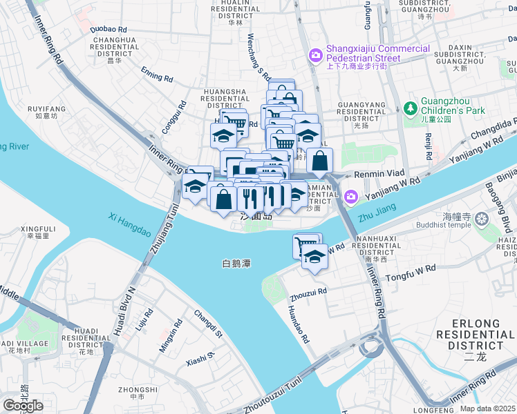 map of restaurants, bars, coffee shops, grocery stores, and more near Sha Mian Bei Jie in Guang Zhou Shi