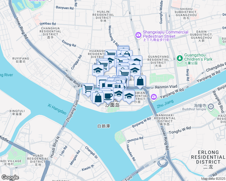 map of restaurants, bars, coffee shops, grocery stores, and more near Sha Mian Bei Jie in Guang Zhou Shi
