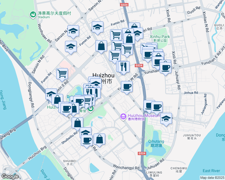 map of restaurants, bars, coffee shops, grocery stores, and more near in Huizhou