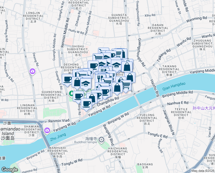 map of restaurants, bars, coffee shops, grocery stores, and more near Yi De Lu in Guang Zhou Shi