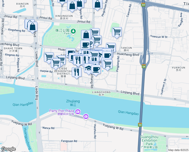 map of restaurants, bars, coffee shops, grocery stores, and more near Machang Road in Guangzhou