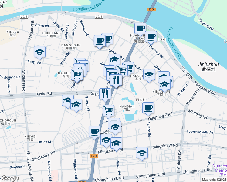 map of restaurants, bars, coffee shops, grocery stores, and more near Dong Feng Bei Lu in Dongguan Shi