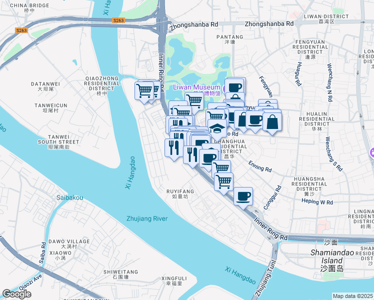 map of restaurants, bars, coffee shops, grocery stores, and more near Huang Sha Da Dao in Guang Zhou Shi