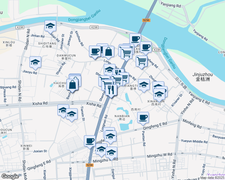 map of restaurants, bars, coffee shops, grocery stores, and more near Dong Feng Bei Lu in Dongguan Shi