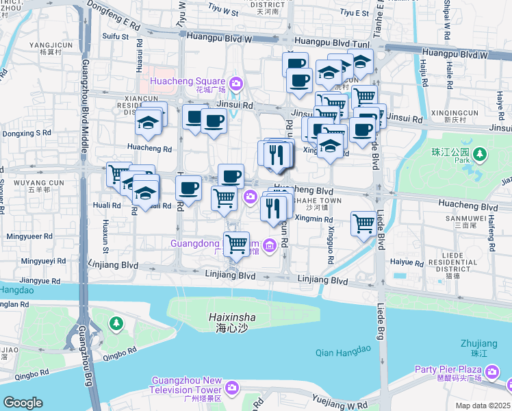 map of restaurants, bars, coffee shops, grocery stores, and more near Hua Cheng Da Dao in Guangzhou Shi