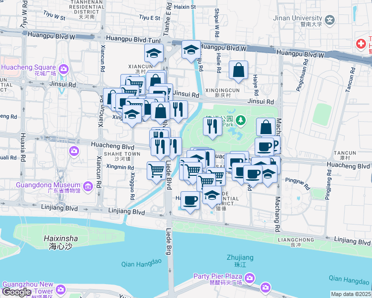 map of restaurants, bars, coffee shops, grocery stores, and more near Hua Cheng Da Dao in Guangzhou Shi