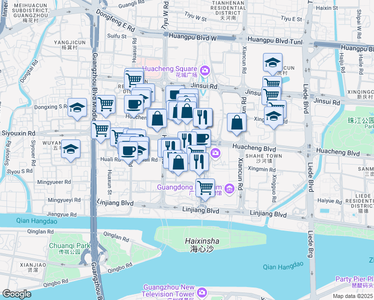 map of restaurants, bars, coffee shops, grocery stores, and more near 5 Zhujiang West Road in Guangzhou Shi