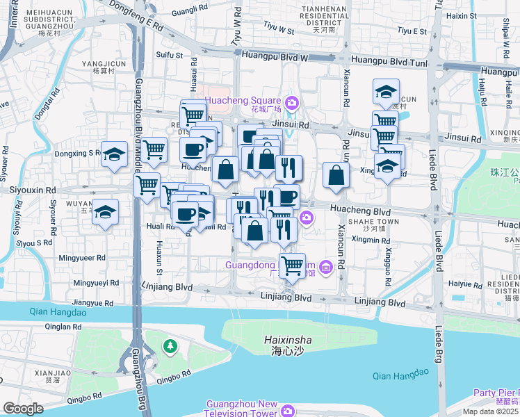 map of restaurants, bars, coffee shops, grocery stores, and more near 5 Zhu Jiang Xi Lu in Guang Zhou Shi
