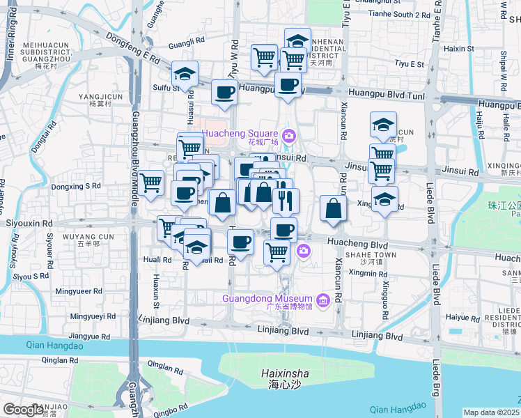 map of restaurants, bars, coffee shops, grocery stores, and more near Zhujiang West Road in Guangzhou