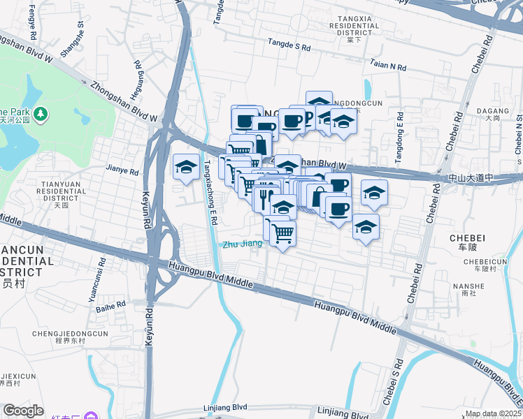 map of restaurants, bars, coffee shops, grocery stores, and more near 1 Ke Xin Lu in Guang Zhou Shi
