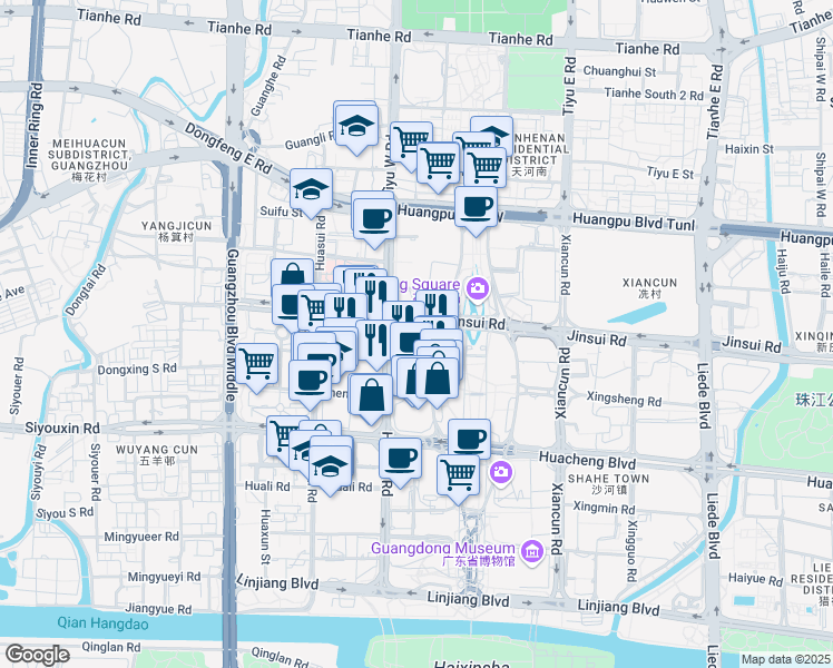 map of restaurants, bars, coffee shops, grocery stores, and more near 62 Jin Sui Lu in Guang Zhou Shi