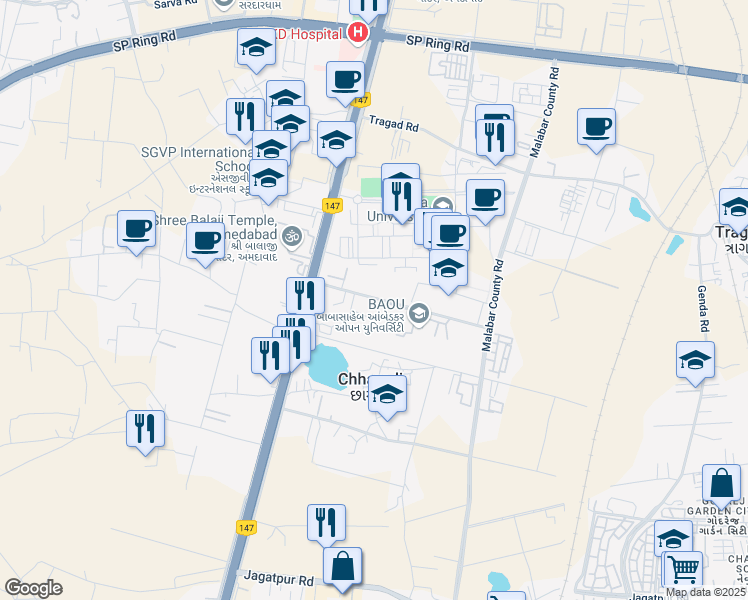 map of restaurants, bars, coffee shops, grocery stores, and more near Off Sarkhej - Gandhinagar Highway in Ahmedabad