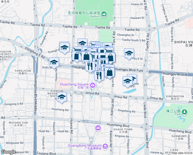 map of restaurants, bars, coffee shops, grocery stores, and more near 32 Zhu Jiang Dong Lu in Guang Zhou Shi