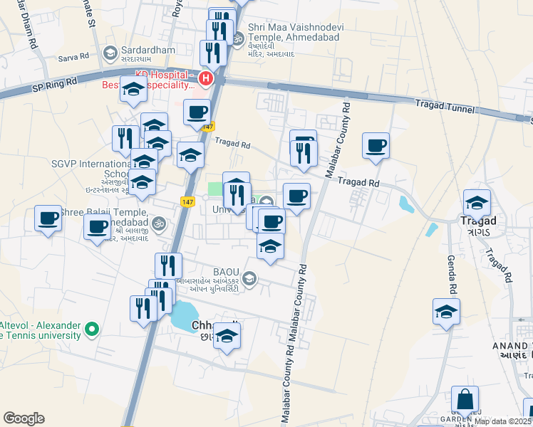 map of restaurants, bars, coffee shops, grocery stores, and more near Sarkhej - Gandhinagar Highway in Ahmedabad