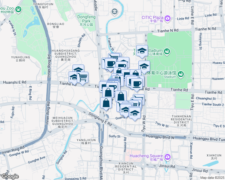map of restaurants, bars, coffee shops, grocery stores, and more near 104 Tian He Lu in Guang Zhou Shi