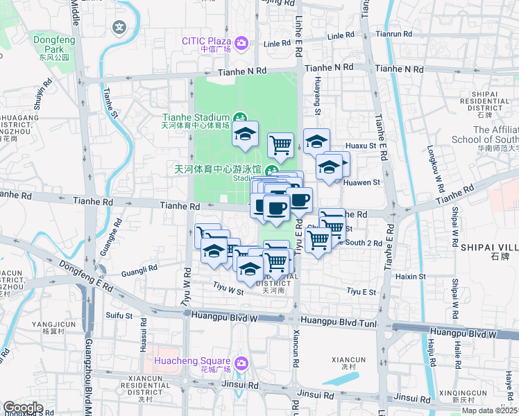 map of restaurants, bars, coffee shops, grocery stores, and more near Tian He Lu in Guang Zhou Shi