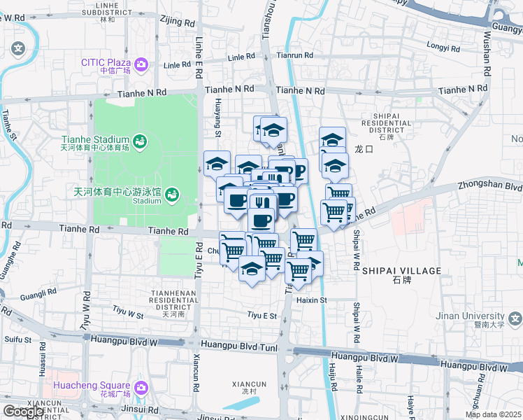 map of restaurants, bars, coffee shops, grocery stores, and more near Tian He Lu in Guang Zhou Shi