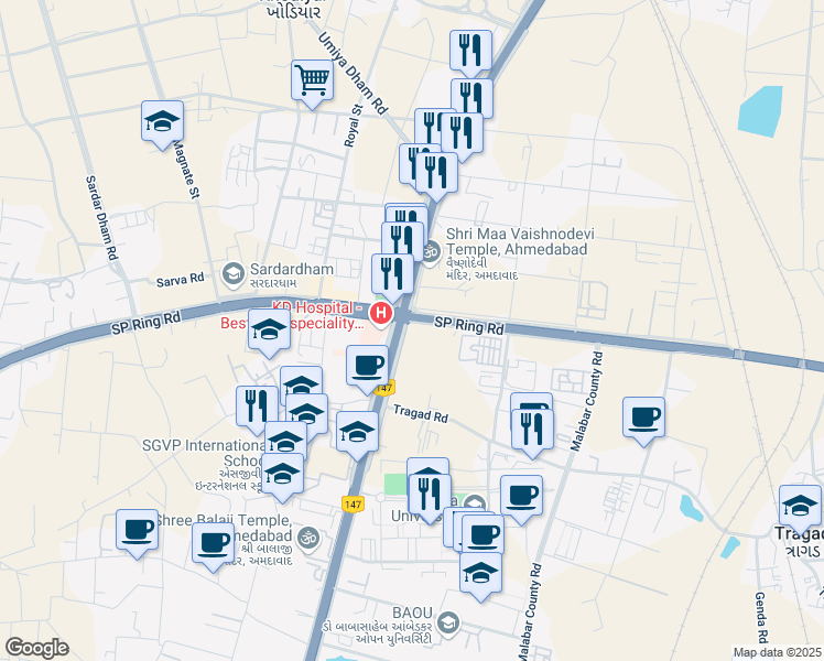 map of restaurants, bars, coffee shops, grocery stores, and more near At Vaishnodevi Circle in Ahmedabad