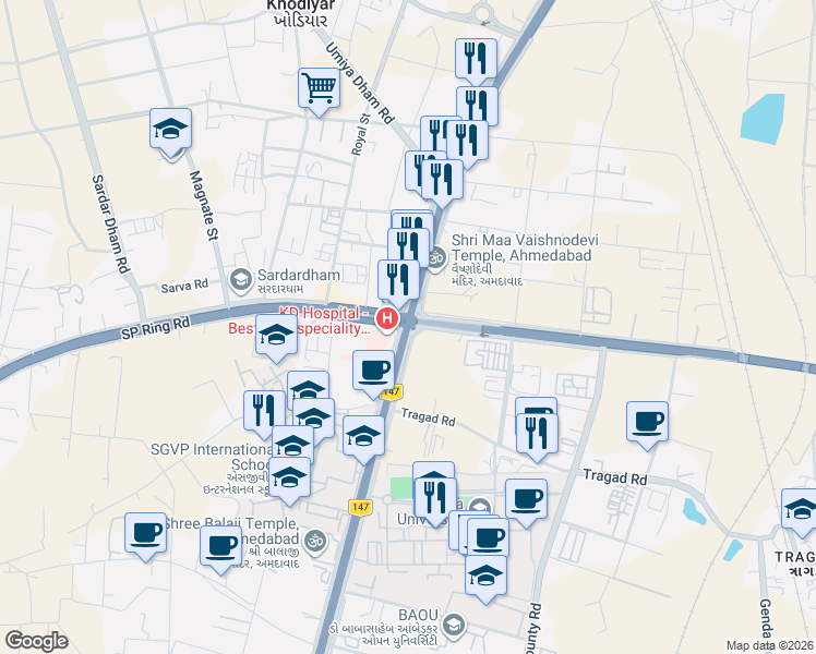 map of restaurants, bars, coffee shops, grocery stores, and more near Vaishnodevi Circle in Khodiyar