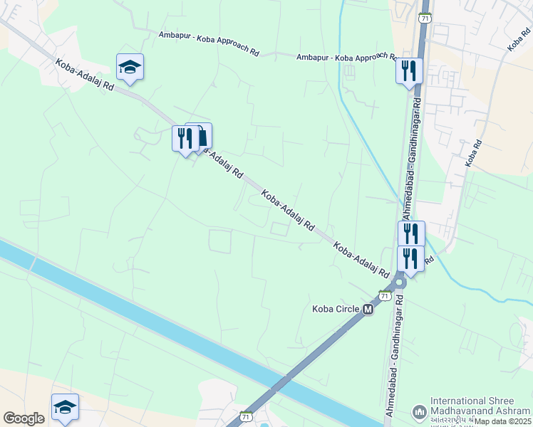 map of restaurants, bars, coffee shops, grocery stores, and more near Koba-Adalaj Road in Gandhinagar