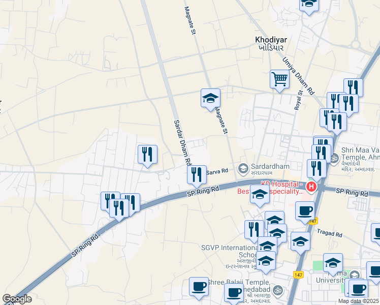 map of restaurants, bars, coffee shops, grocery stores, and more near Vaishnodevi Circle in Khodiyar