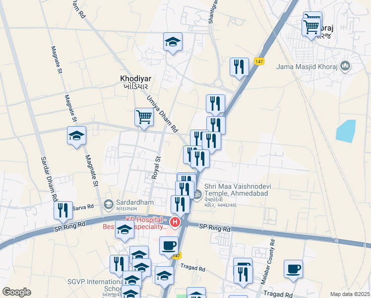 map of restaurants, bars, coffee shops, grocery stores, and more near Sarkhej - Gandhinagar Highway in Adalaj