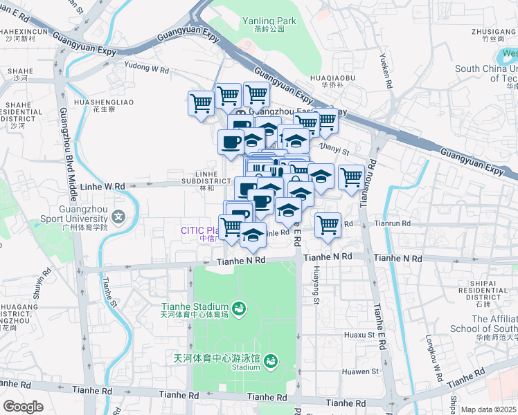 map of restaurants, bars, coffee shops, grocery stores, and more near Lin He Zhong Lu in Guang Zhou Shi