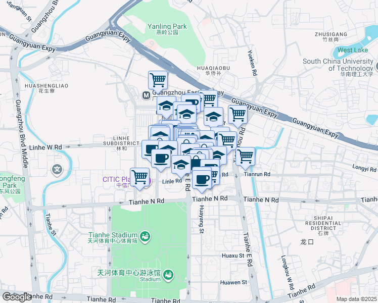 map of restaurants, bars, coffee shops, grocery stores, and more near Lin He Dong Lu in Guang Zhou Shi