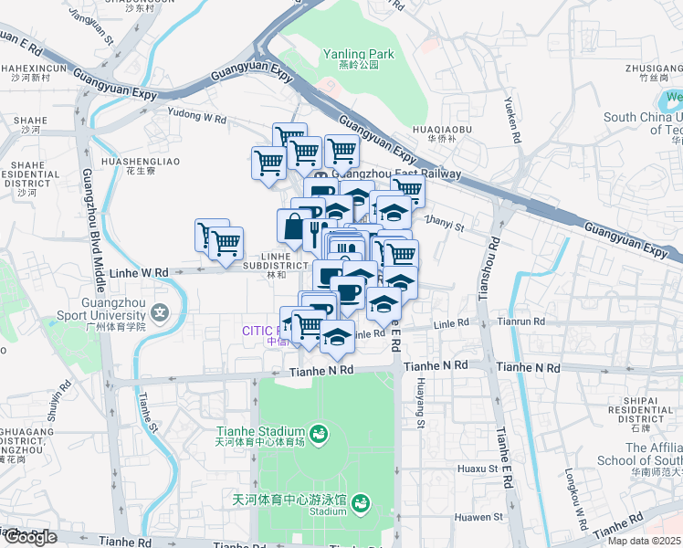 map of restaurants, bars, coffee shops, grocery stores, and more near Lin He Zhong Lu in Guang Zhou Shi