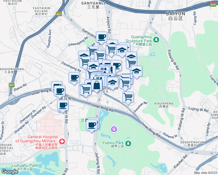 map of restaurants, bars, coffee shops, grocery stores, and more near Guihuagang 1st Street in Guangzhou