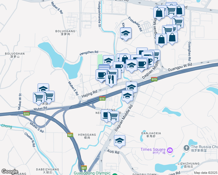 map of restaurants, bars, coffee shops, grocery stores, and more near He Jing Lu in Guang Zhou Shi