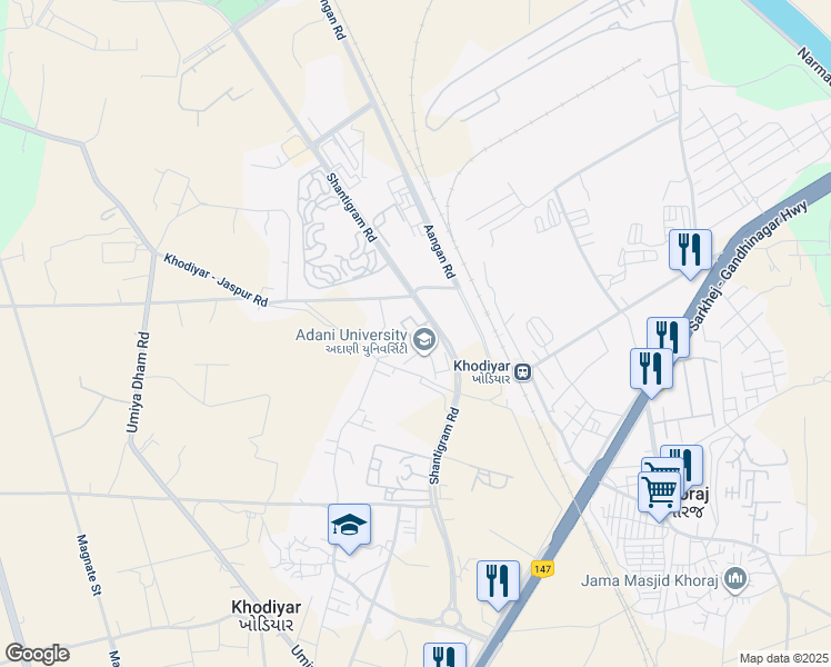 map of restaurants, bars, coffee shops, grocery stores, and more near Sarkhej - Gandhinagar Highway in Shantigram