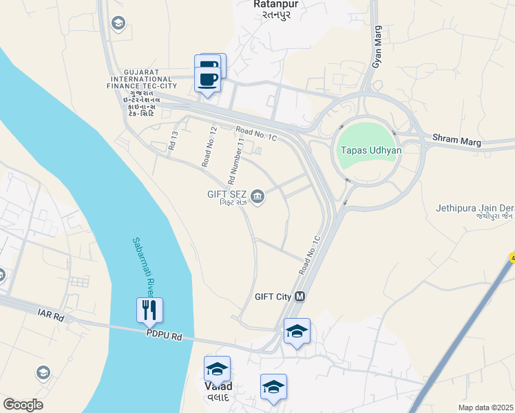 map of restaurants, bars, coffee shops, grocery stores, and more near in Gandhinagar