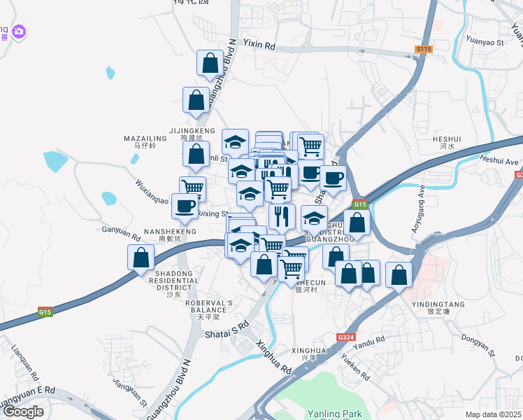 map of restaurants, bars, coffee shops, grocery stores, and more near Yin Li Jie in Guang Zhou Shi