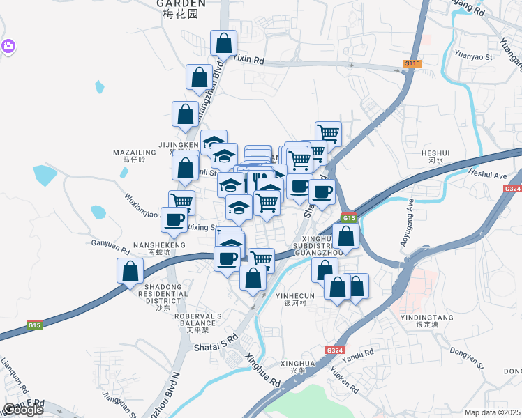 map of restaurants, bars, coffee shops, grocery stores, and more near Yin Li Jie in Guang Zhou Shi
