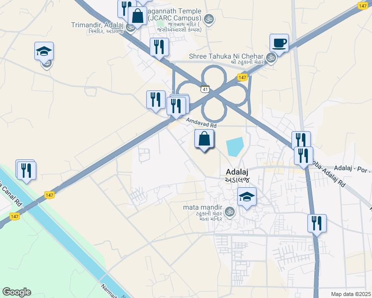 map of restaurants, bars, coffee shops, grocery stores, and more near Sarkhej - Gandhinagar Highway in Adalaj