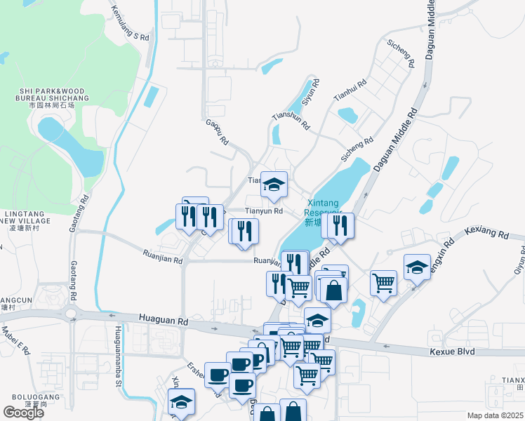 map of restaurants, bars, coffee shops, grocery stores, and more near Tian Yun Lu in Guang Zhou Shi