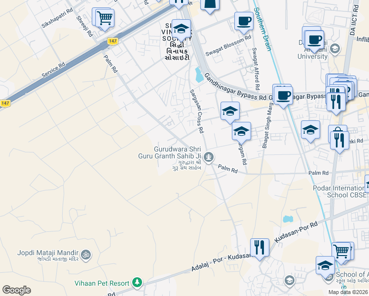 map of restaurants, bars, coffee shops, grocery stores, and more near Palm Road in Gandhinagar